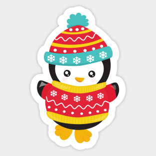 Christmas Penguin, Penguin With Sweater, Hat, Xmas Sticker